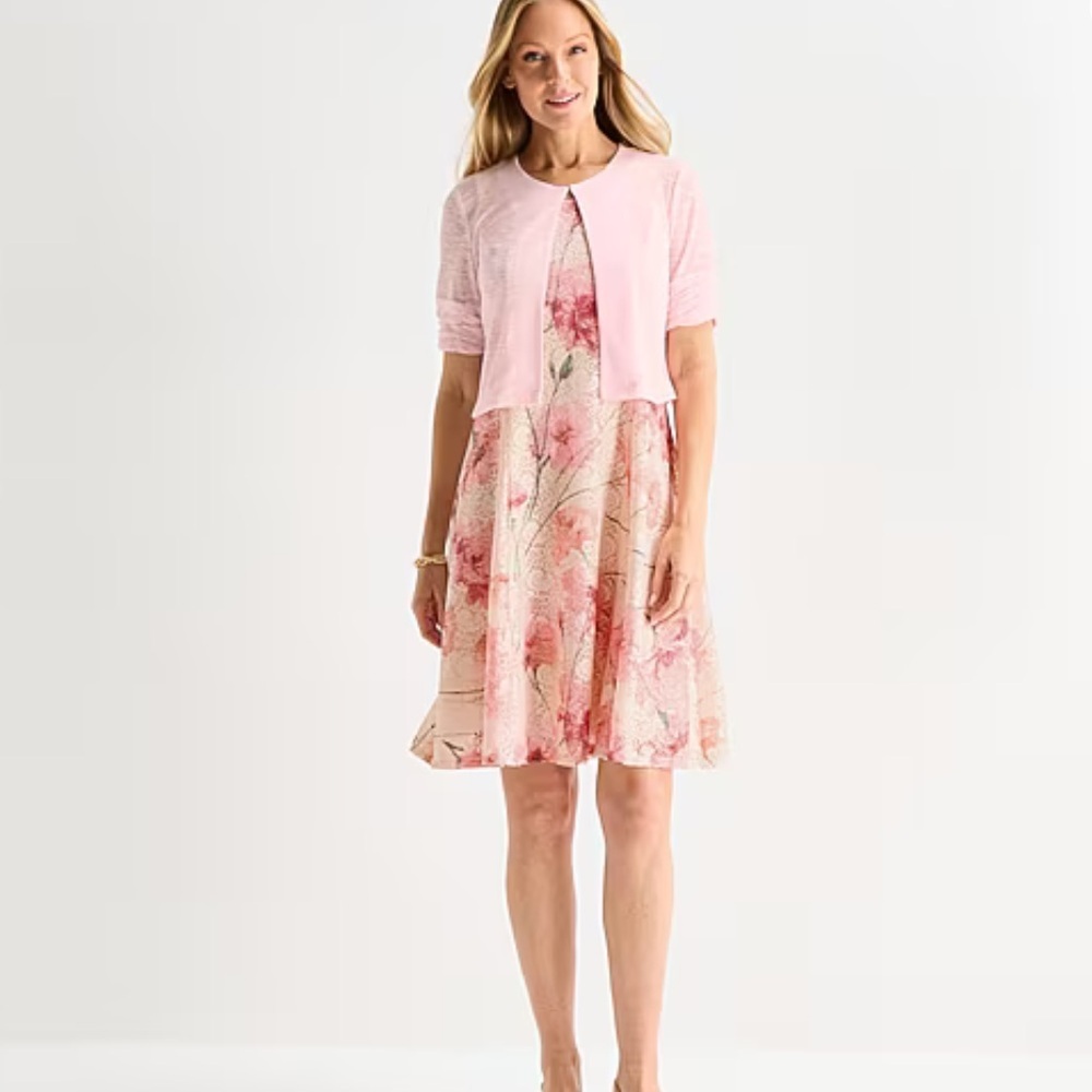 Perceptions Pink Floral Dress with Matching Pink Cardigan Dress Set Sz M NWT